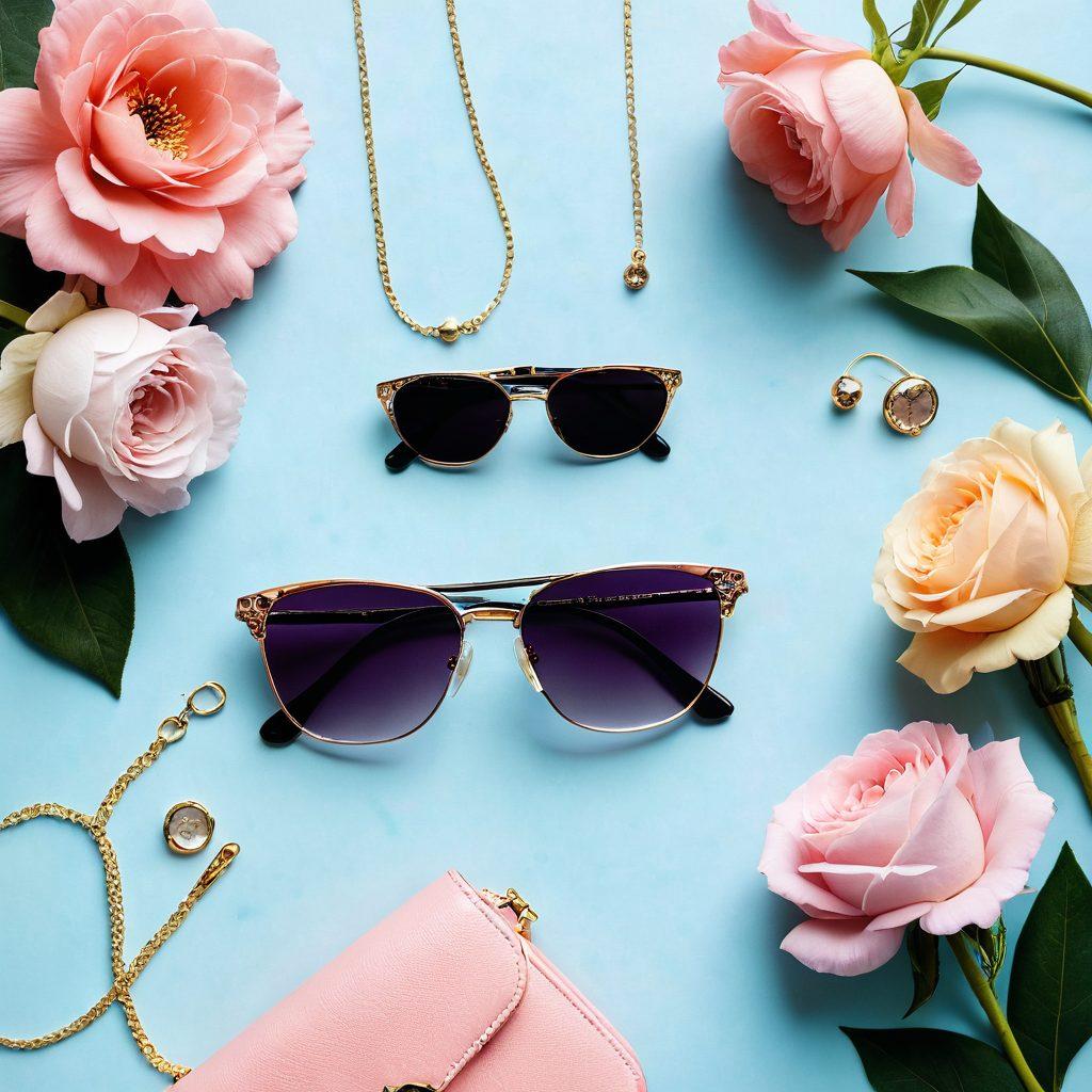 An elegant flat lay composition featuring the latest fashion accessories like statement necklaces, chic handbags, stylish sunglasses, and minimalist watches, arranged on a soft pastel backdrop. The scene should include delicate flowers for a touch of sophistication and a hint of luxury. super-realistic. vibrant colors. soft pastel background.