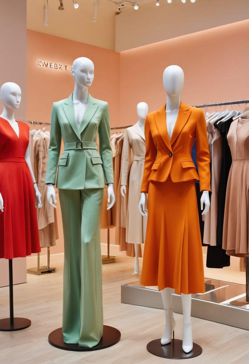 A stylish boutique interior showcasing a variety of fabulous outfits on mannequin displays, with an inviting online shopping interface visible on a sleek laptop. Soft lighting enhances the vibrant colors of the clothes, creating a cozy shopping ambiance. A fashionable woman browses the outfits with excitement, surrounded by decorative elements that evoke a blend of physical and digital retail spaces. super-realistic. vibrant colors. elegant design.