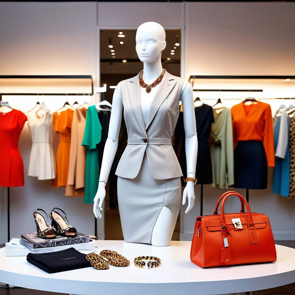 A stylish mannequin dressed in a chic, modern outfit surrounded by fashionable accessories, such as statement jewelry and trendy handbags. The background features a sleek boutique interior with soft lighting and minimalistic decor. Incorporate elements of fashion magazines and swatches of vibrant fabrics scattered around, evoking the feeling of a fashion-forward lifestyle. super-realistic. vibrant colors. soft-focus background.